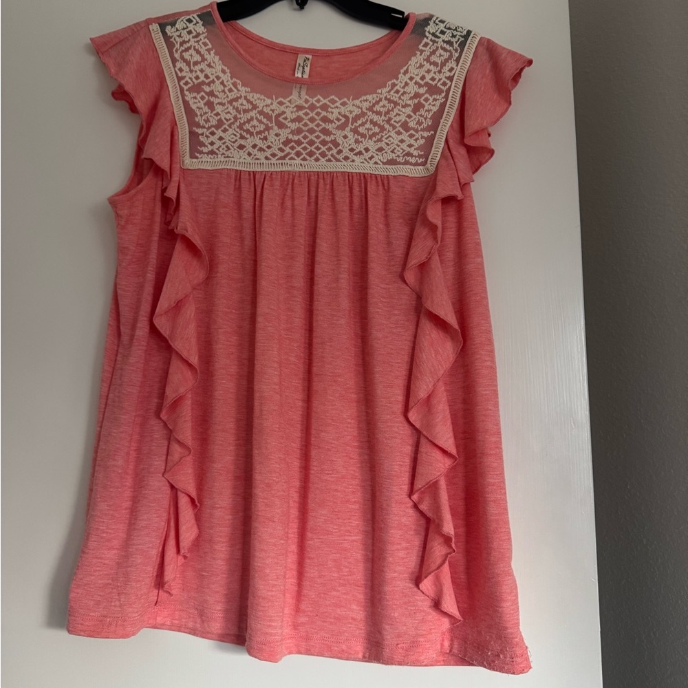PerSeption Concept Pink Ruffle Sleeve Blouse with Lace Yoke